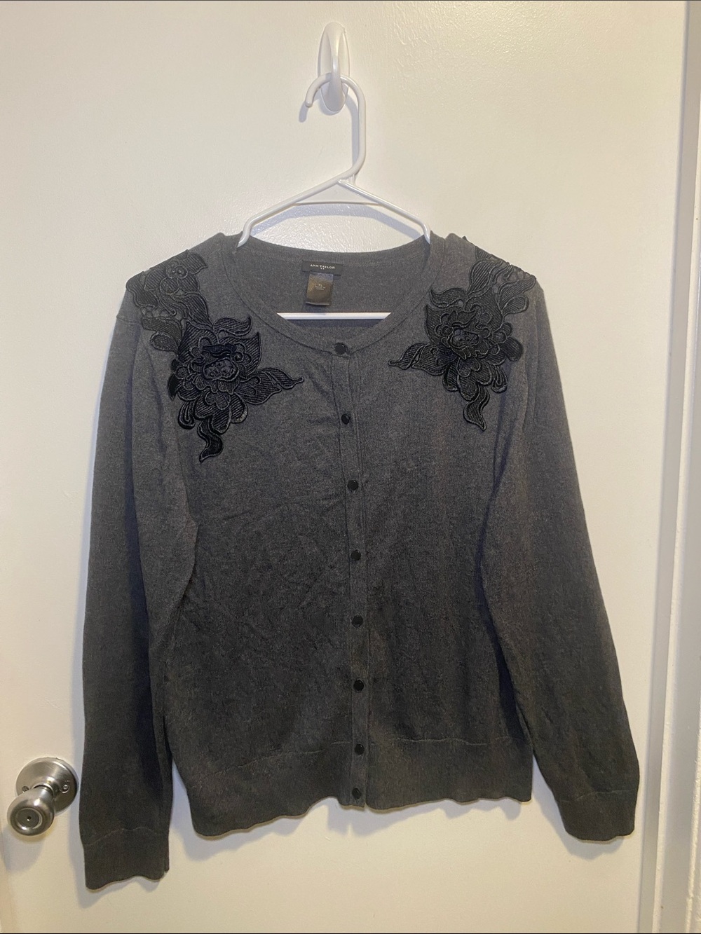 Ann Taylor Dark Gray Crewneck Cardigan with Black Floral Embroidery